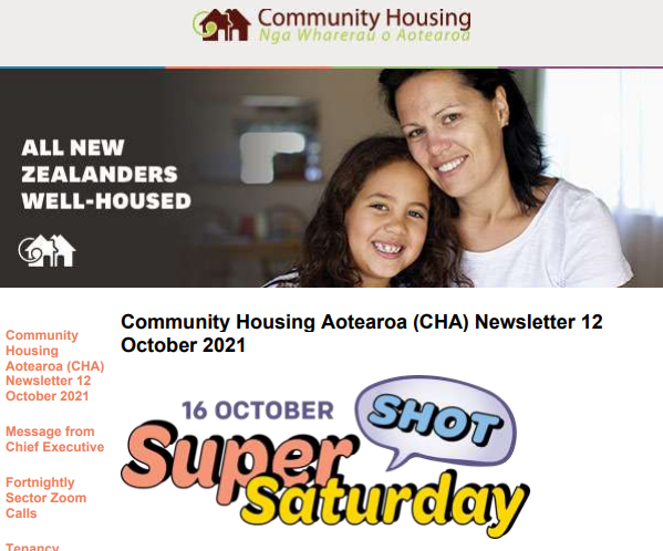 Community Housing Aotearoa (CHA) Newsletter 12 October 2021